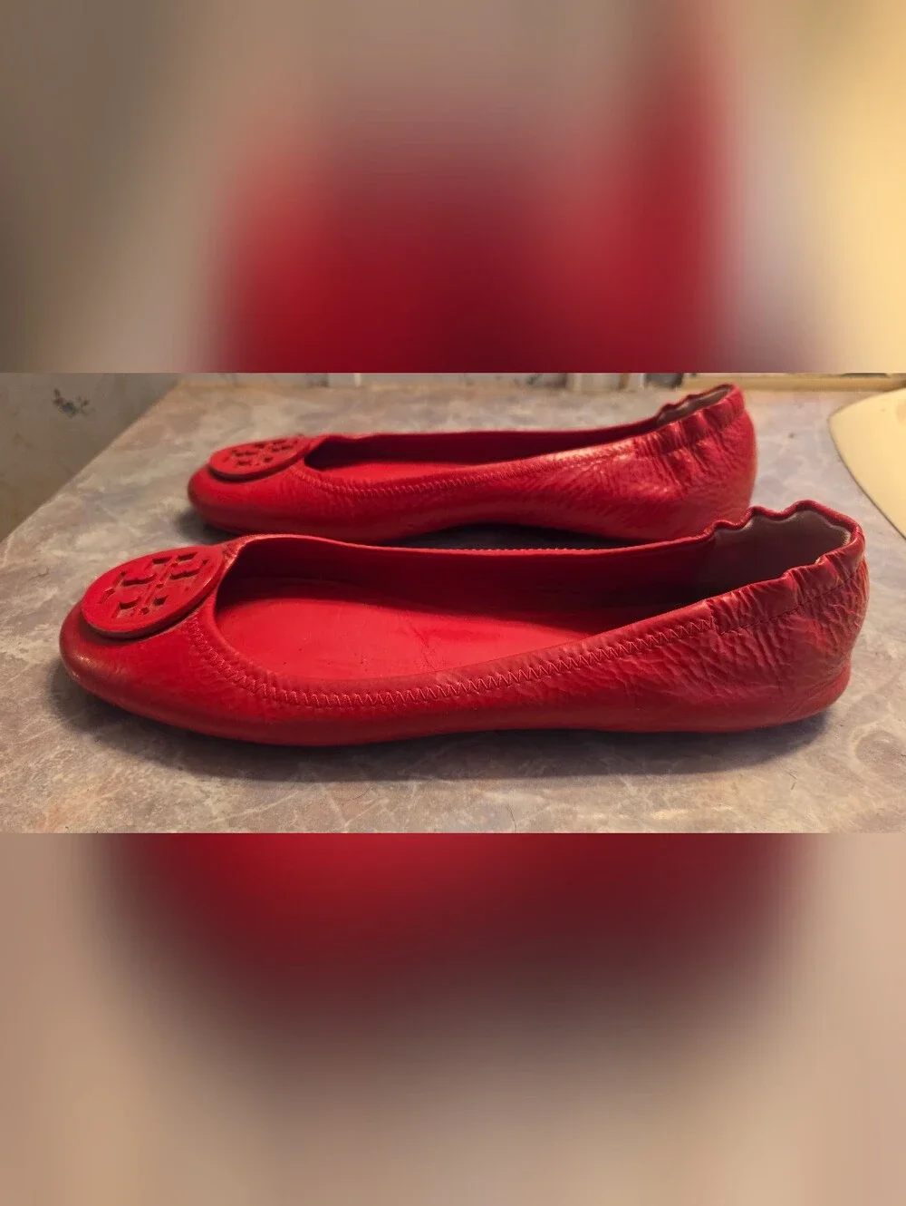 Tory Burch Red Leather Logo Ballet Flats
